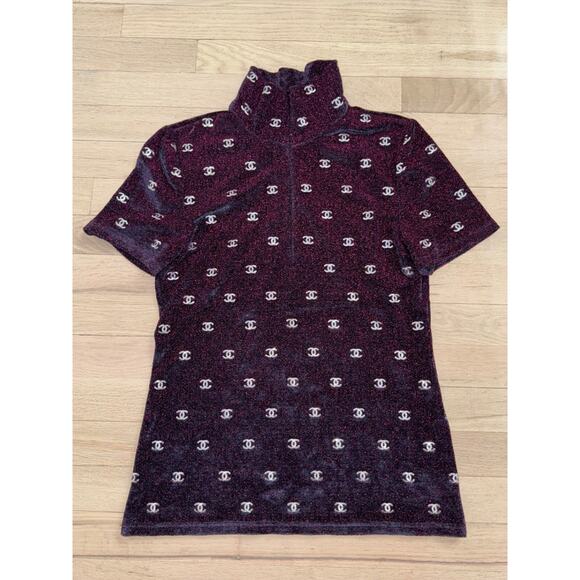 Chanel 20N Navy Blue Fuchsia Pink Silver Sequin CC Logo Stretch Top T Shirt 38 - Picture 3 of 16